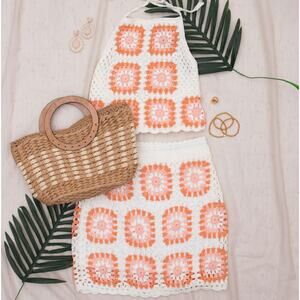 Pink Lilly Womens M Orange White Crochet Knit Halter Top Mini Skirt Set Boho NEW